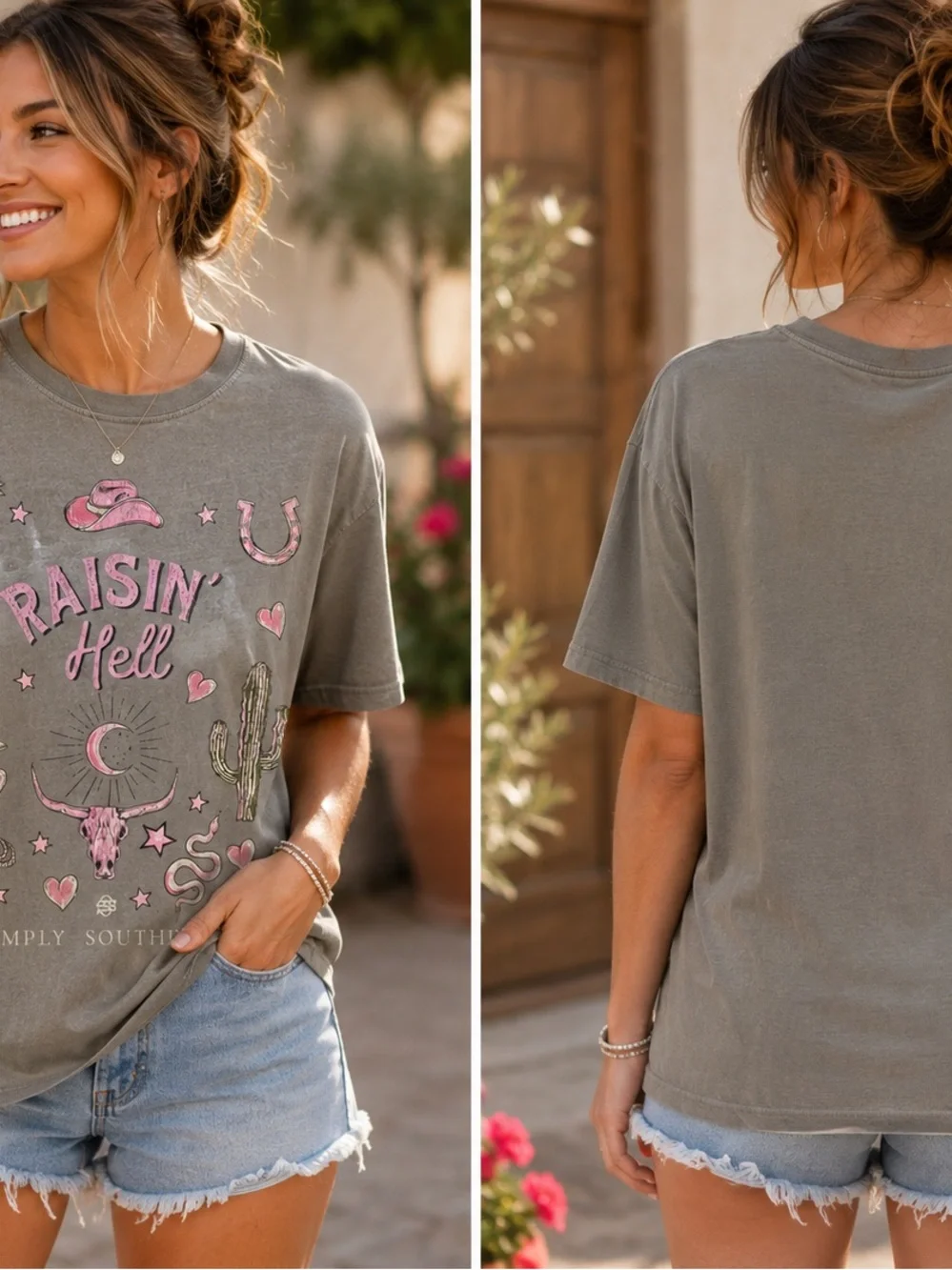 Raisin' Hell Graphic Tee - Gray with Pink Print